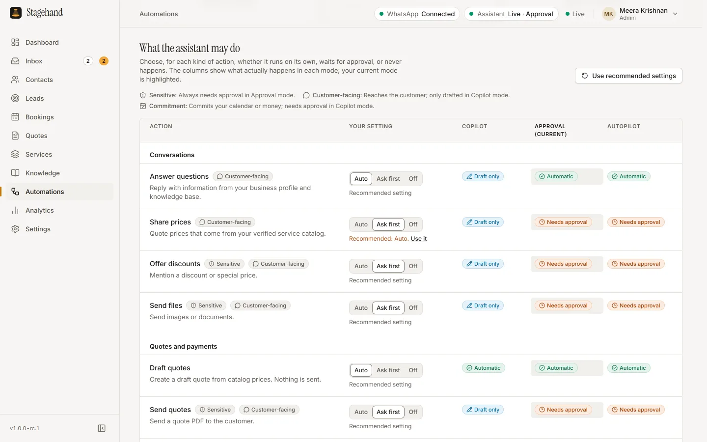 The Stagehand automations page, “What the assistant may do”: a table of actions such as answer questions, share prices, offer discounts, send files, draft quotes and send quotes, each set to Auto, Ask first or Off, with columns showing what happens in Copilot, Approval and Autopilot mode.