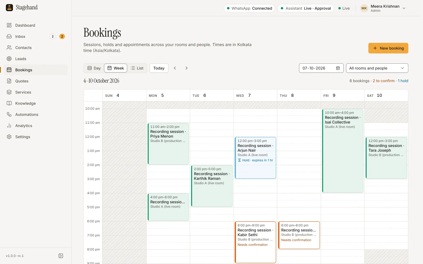 The Stagehand bookings calendar, week view for 4 to 10 October: recording sessions across two studio rooms, including confirmed sessions, one hold that expires in an hour, and two bookings waiting for confirmation.