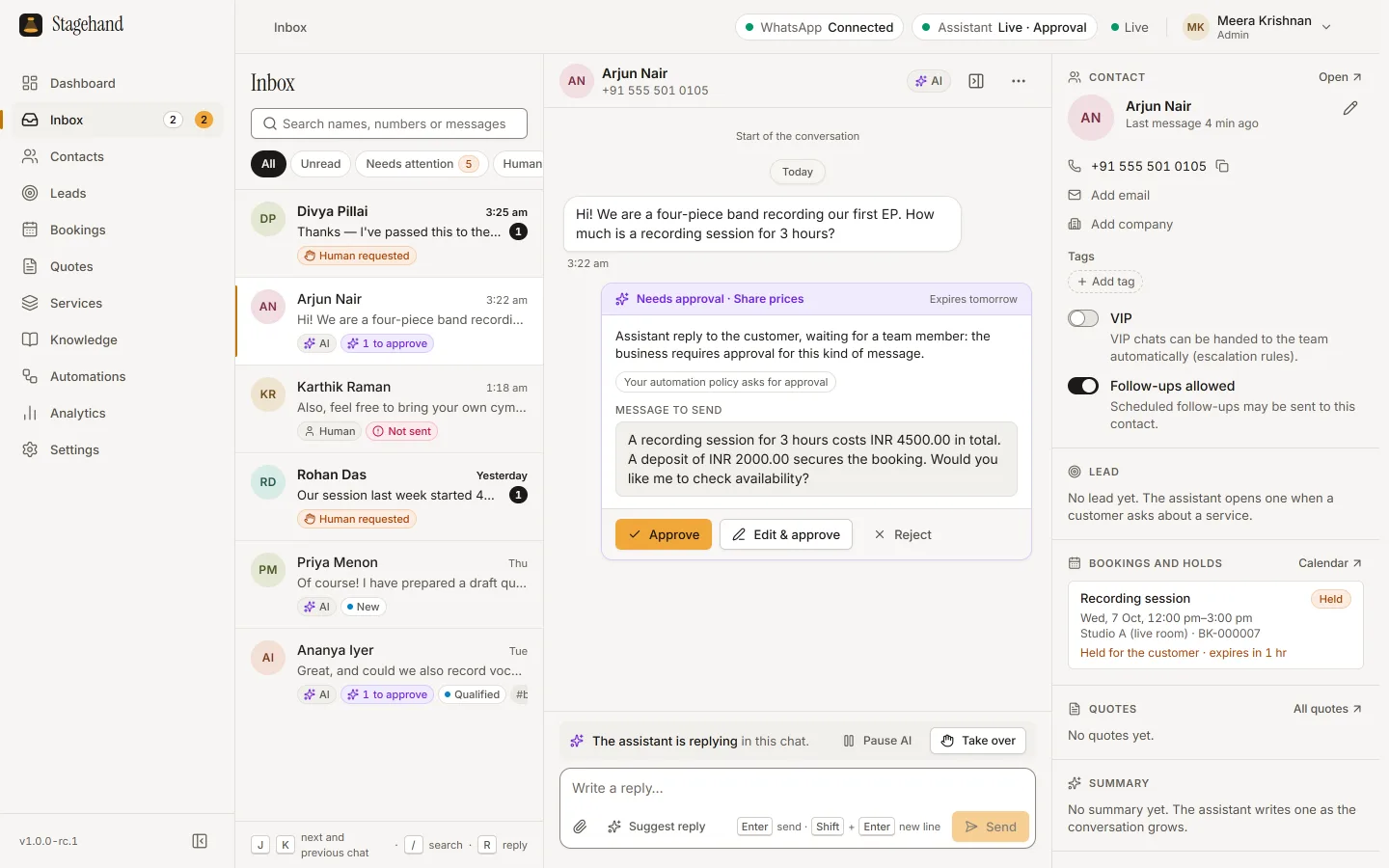 The Stagehand inbox. A new customer asks how much a three-hour recording session costs. The assistant has drafted a reply with the price from the studio’s price list, INR 4500.00 in total with an INR 2000.00 deposit, and it is waiting as a “Needs approval” card with Approve, Edit and approve, and Reject buttons. The contact panel shows a recording session held for the customer.